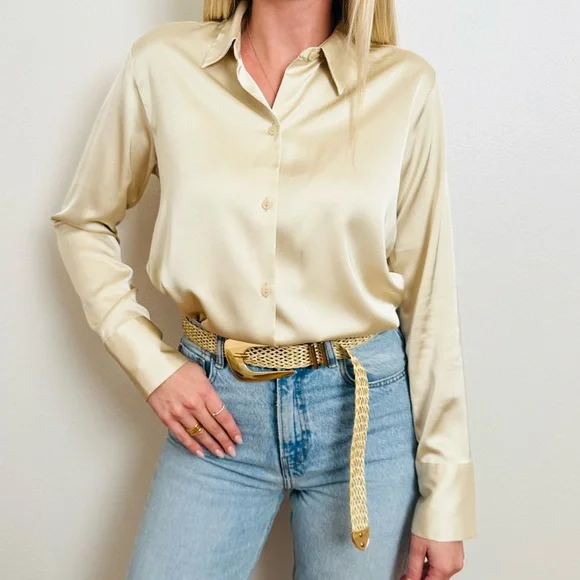 New Abercrombie & Fitch Cream Satin Elegant Long Sleeve Button Down Shirt - Picture 1 of 15